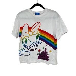 Disney Resort Tokyo Womens White Daisy AOP Rainbow Graphic T-Shirt Medium
